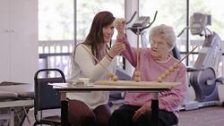 Occupational therapist working with a geriatric patient in a clinic Stock Footage
