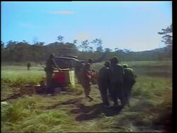 1965 REAR VIEW group of soldiers carrying wounded soldier toward helicopter in field / Vietnam Stock Footage