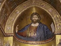 Monreale Cathedral, interior, the dome and ceiling with the mosaic of Christ as Pantocrator , Palermo, Sicily. Stock Footage