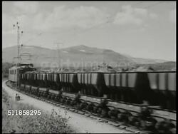 1943: SWEDEN: TRANSPORTATION: XWS Electric train moving on track. WS Train w/ ore bins. FARMING: Farmers loading hay on wagon, horses pulling wagon. VS Small reaper & farmer using tractor, cutting field. Government sponsored Instructional Video