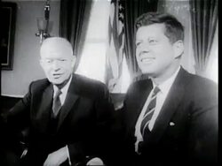 Dwight D. Eisenhower and John F. Kennedy sit together in the White House. News Clip