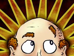 Close up of cartoon balding head with colour background Stock Footage