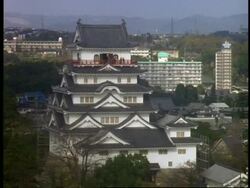 MWA High angle view across roof of Fukuyama castle, Japan Stock Footage