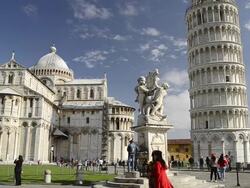 MS Tourists at Cathedral santa maria assunta with leaning tower of Pisa at piazza dei miracoli and UNESCO World Heritage / Pisa, Tuscany, Italy Stock Footage