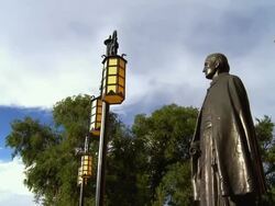 MS, LA, PAN, Statue of Archbishop Jean Baptiste Lamy in front of St Francis cathedral Santa Fe, New Mexico, USA Stock Footage