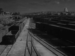 Matte special effects, rail yard at night Stock Footage