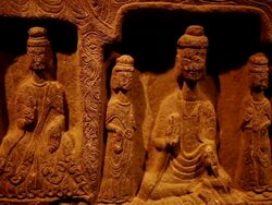 CU PAN Shot of ancient Budha statue / Xian, Shaanxi, China Stock Footage