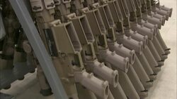 Rows of rifles lean on a storage rack at a firing range. Stock Footage