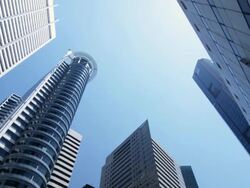 High Rising Buildings at Raffles Square, low angle view, rotate, Singapore Stock Footage