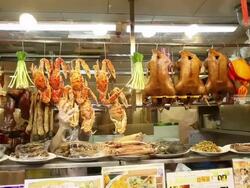 MS TD Man hanging up crabs at seafood shop / Hong Kong, China Stock Footage