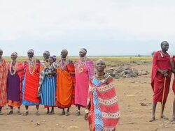 MS Masai women welcome to village Amboseli Maasai / Amboseli National Park, Kenya Stock Footage