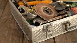 tool renovation on grunge wood, Dolly shot Stock Footage