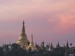 Asia, Myanmar, Yangon, elevated view of Shwedagon Pagoda at sunset Stock Footage