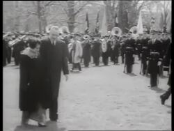 B/W LBJ and Indira Gandhi walk past US Marine guard / 1960's / SOUND Stock Footage