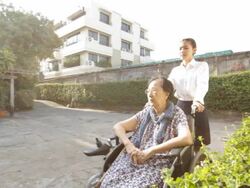 Young caregiver take care old woman on wheelchair Stock Footage