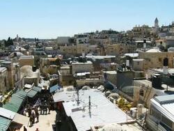 MS PAN Shot of muslim quarter and Dome of rock with market street from Nablus gate / Jerusalem, Judea, Israel Stock Footage