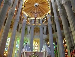 La Familia Sagrada cathedral, Gaudi - interior view of the main altar, Barcelona, Spain. Stock Footage