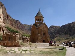Noravank monastery, view of the churches Surb Karapet and Surb Astvatsatsin in the background  Stock Footage