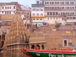 MS View of temples and buildings at Ganges Riverside / Varanasi, Uttar Pradesh, India Stock Footage