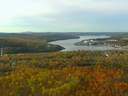 WS AERIAL ZI View of Penobscot Narrows Bridge, Fort Knox with town / Maine, United States Stock Footage