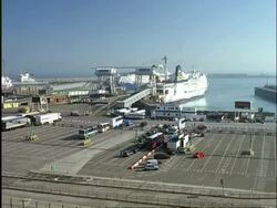 ARCHIVAL T/L - WA Ferry arriving and traffic disembarking, Ferry terminal, Dover Stock Footage