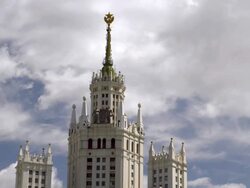 WS T/L View of fragment of high building of Stalin's era, on against cloudy sky / Moscow, Russia Stock Footage