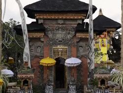 MS Decorated Pura Dalem Puri temple with colorful umbrellas / Ubud, Bali, Indonesia Stock Footage