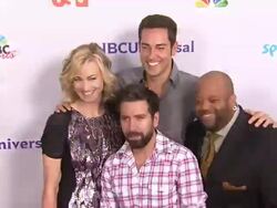 Yvonne Strahovski, Zachary Levi, Joshua Gomez, Mark Christopher Lawrence at the NBC Universal Press Tour All-Star Party at Los Angeles CA. (Footage by WireImage Video/Getty Images Entertainment Video) Stock Footage