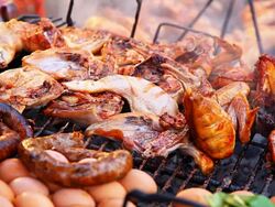 Chicken and egg on grill Stock Footage