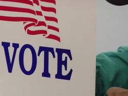 CU, ZO, MS, Man sitting in voting booth, St. Marys, Ohio, USA Stock Footage