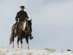 TS Cowboy riding a horse along snowy ridge with dog following along / Shell, Wyoming, United States Stock Footage