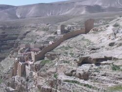 Aerial Mar Saba Monastery in the Northern Judea desert, Israel Stock Footage