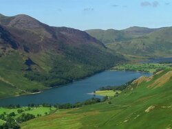 Aerial view of Buttermere Lake in the Lake District / Cumbria, England Stock Footage