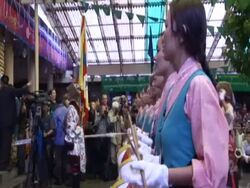 WS ZI Uniformed female drummers in marching band AUDIO / Dharmasala, Himachal Pradesh, India Stock Footage