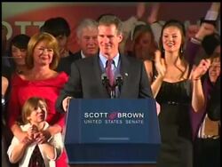 In a huge upset, Republican Scott Brown captured the U.S. Senate seat held by liberal champion Edward M. Kennedy, leaving Pres. Barack Obama''s health care overhaul in doubt and marring the end of his first year in office.  (Jan. 19) News Clip