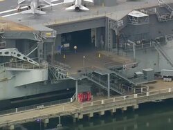 MS AERIAL ZO Shot of USS Yorktown Museum / South Carolina, United States Stock Footage