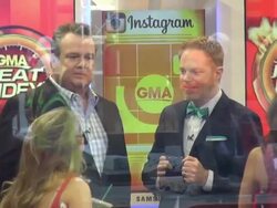 Jesse Tyler Ferguson and Eric Stonestreet on the Social Media set of the Good Morning America show - Celebrity Sightings in New York Stock Footage