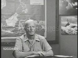 1945: ADMIRAL NIMITZ SPEAKS: Commander-in-Chief, Pacific Fleet, and Pacific Ocean Areas, Fleet Admiral Chester W. Nimitz (1885-1966) sitting at desk saying Japanese have brought war home, US has sunk most of their fleet, try to finish few months. WWII Instructional Video