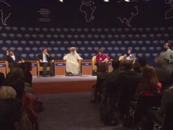 MS ZO Man addressing audience at  World Economic Forum AUDIO / Davos, Graubunden, Switzerland Stock Footage
