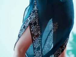 MS TS TD TU Woman of modelling in blue dress with pool / Montezuma, Punteranes, Costa Rica Stock Footage