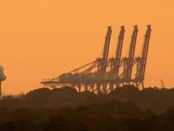 WS AERIAL Shot of giant cranes in Wilmington city at Sunset / North Carolina, United States Stock Footage