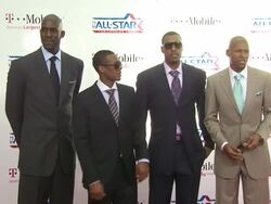 Kevin Garnett (L) and Rajon Rondo at the T-Mobile Magenta Carpet At The 2011 NBA All-Star Game at Los Angeles CA. (Footage by WireImage Video/GettyImages) Stock Footage