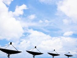 Silhouette of Satellite Dish Cloudscape for telecommunication technology background Stock Footage