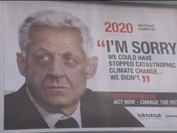 Posters depict world leaders in future, lamenting global warming News Clip
