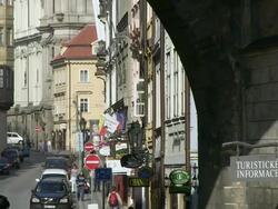 MS People walking on mostecka street fount of shop and restaurant / Prague, Hlavni mesto Praha, Czech Republic Stock Footage