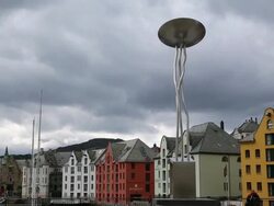 Alseund, monument in the canal to the inner harbor Stock Footage