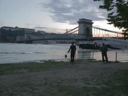 View across the River Danube as it starts to flood Stock Footage