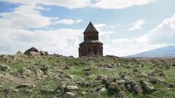 Motion shot of old Armenian church ruin in Eastern Anatolian landscape. Stock Footage