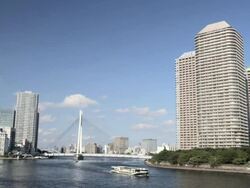Sightseeing Boat on Sumidagawa River with River City 21 with Ohashi Bridge, real time, Tokyo, Japan Stock Footage