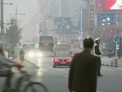 WS Shot of Traffic intersection dusk Wangfujing shopping street / Beijing, Hebei Province, China Stock Footage
